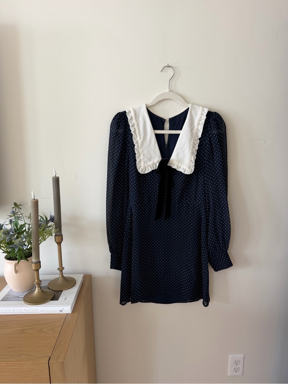Reformation Navy Polka Dot Mini Dress with White Ruffle Collar